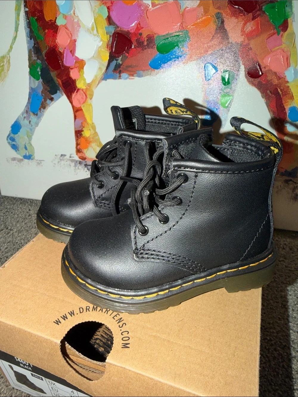 Dr. Martens Kids Black Lace-Up Ankle Boots with Yellow Stitching